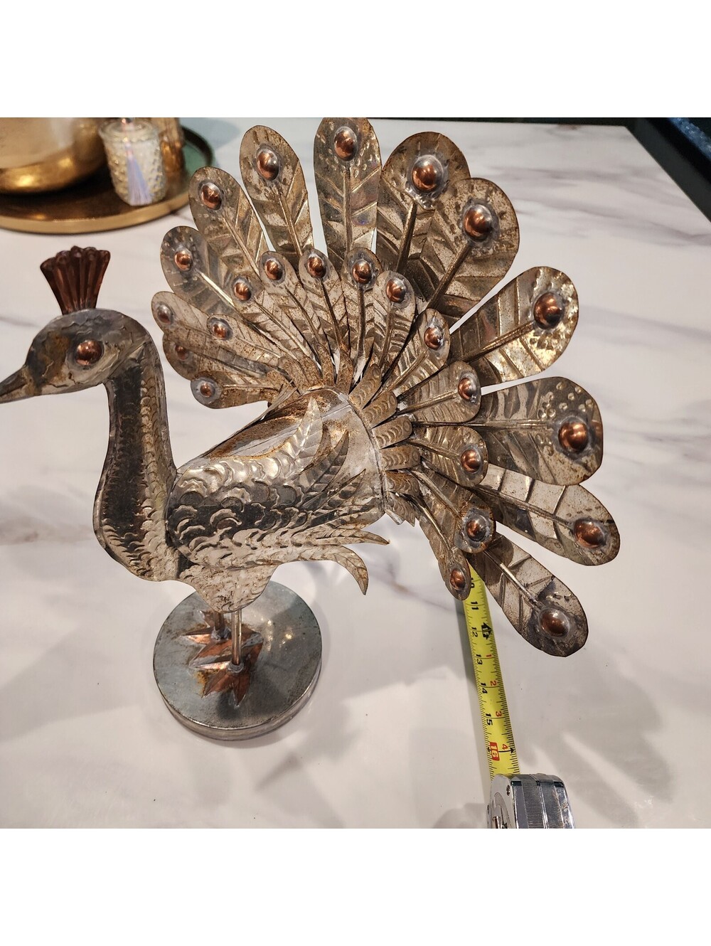 Vintage Mexican Tin Metal Peacock Sculpture Folk Art Jeweled 14"